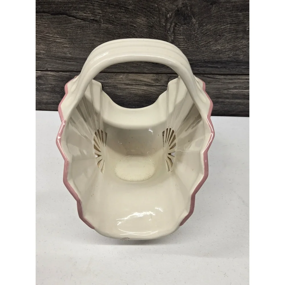 Vintage Ceramic Fan Basket Floral Hand Painted Pink Cream Decorative Dish 8in